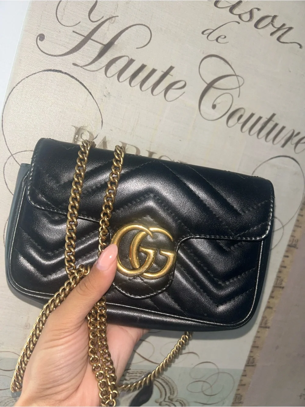 Gucci Black Leather GG Marmont Chevron Crossbody with Gold Chain
